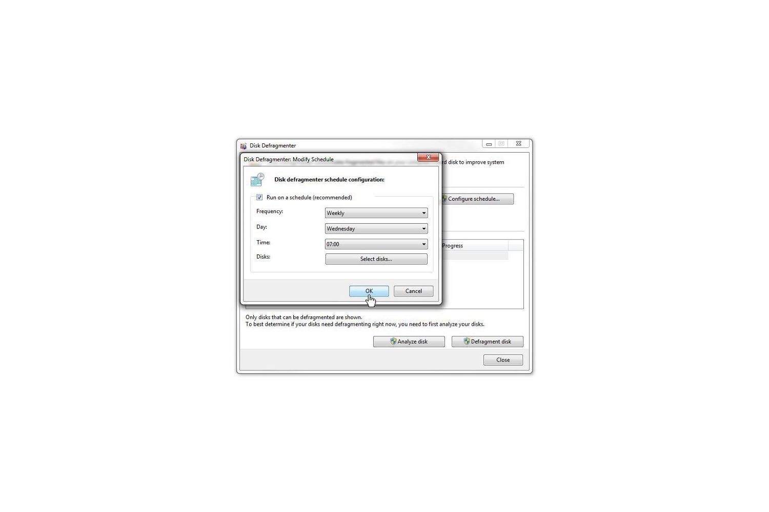 Desfragmentador de Disco do Windows 7: Janela pop-up Modificar agendamento