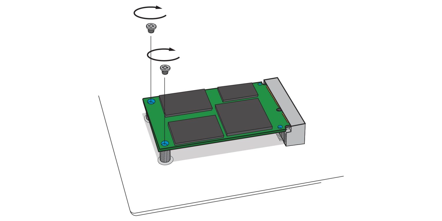 Uma ilustração que demonstra como aparafusar um SSD mSATA novo no soquete mSATA da placa-mãe de um computador desktop