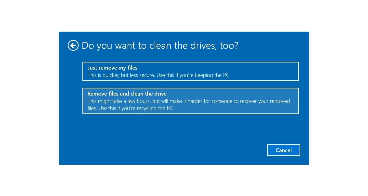Janela do Windows 10 solicitando ao usuário a remoção dos arquivos do computador e a limpeza do disco