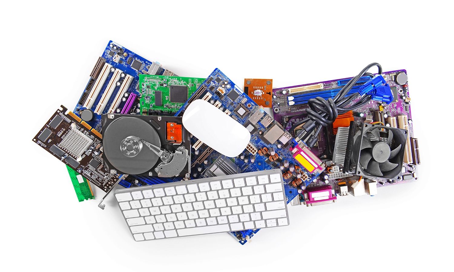 Coleção de hardware de computador, incluindo um teclado e mouse