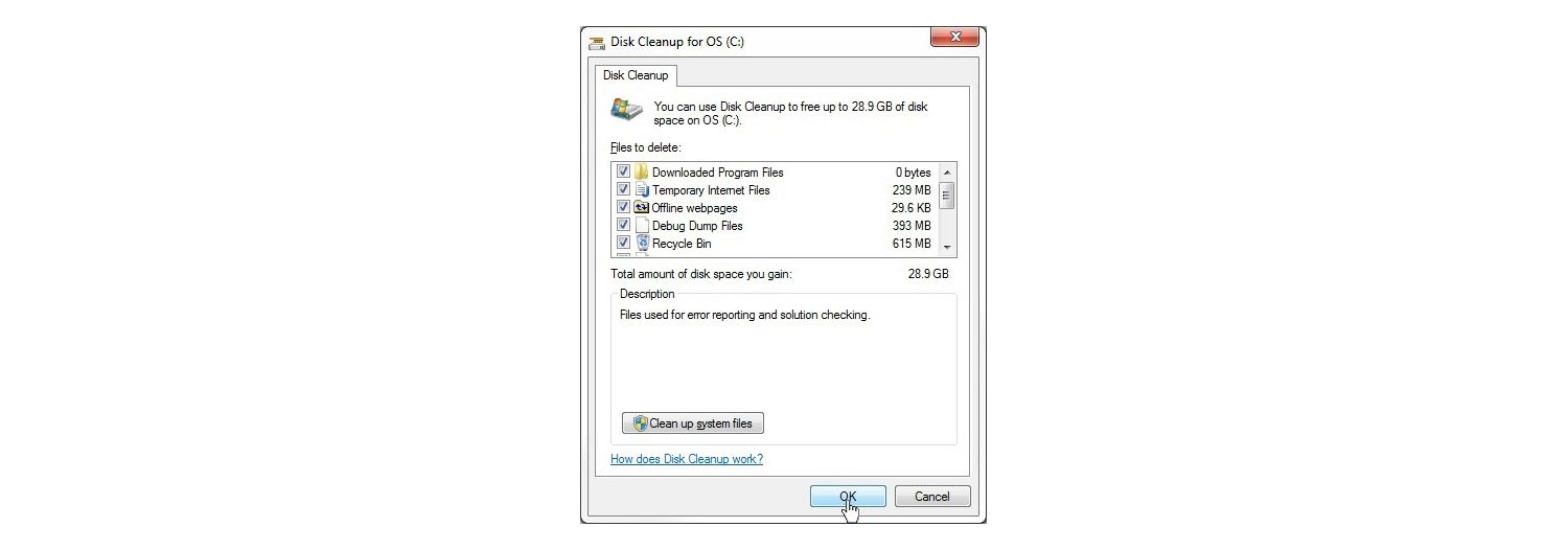 Janela pop-up do sistema operacional mostrando a opção Limpeza de Disco do Windows 7