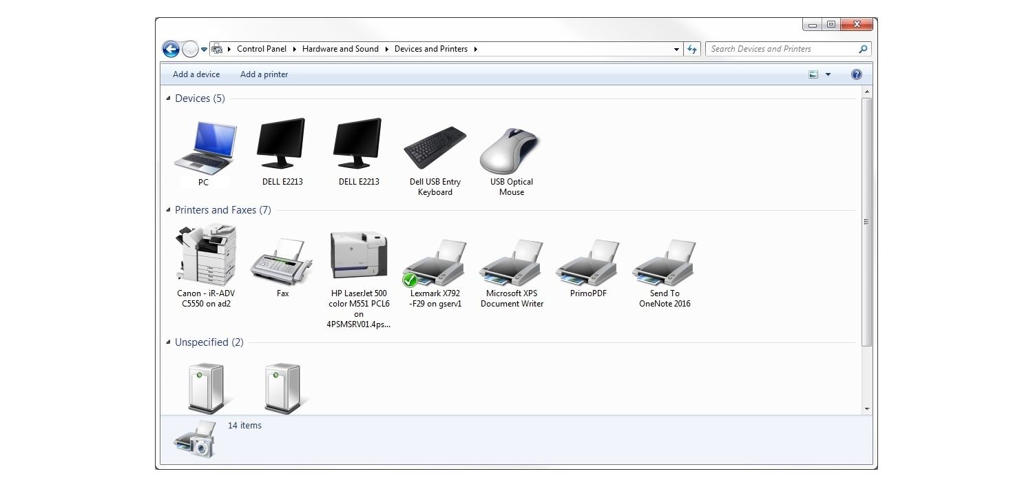 Janela “Dispositivos e impressoras” no Windows 7