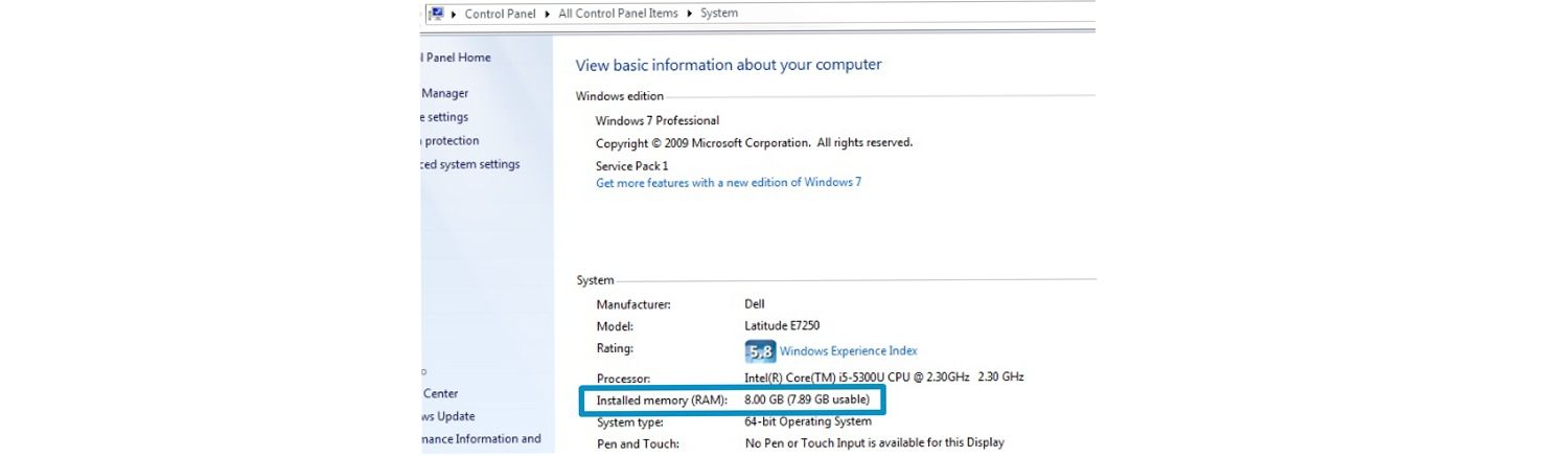 Captura de tela sobre como verificar a quantidade de memória de um computador Windows.